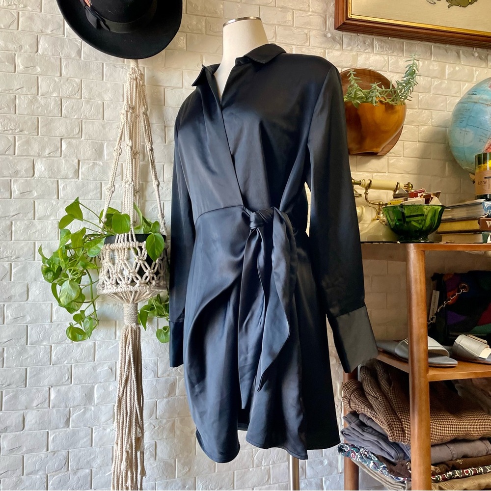 SOLD House of Harlow 1960 x Revolve Navy Satin Long Sleeve Mini Wrap Dress - Picture 3 of 14